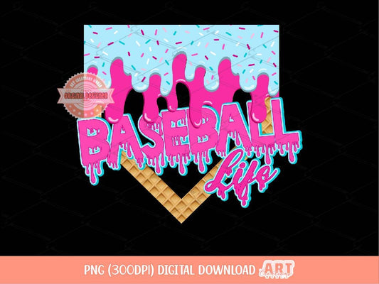 Baseball Life Drip PNG, Neon Pink & Blue Sprinkle Drippy Ice Cream Home Plate Png for Sublimation and dtf Shirt Design Digital Download