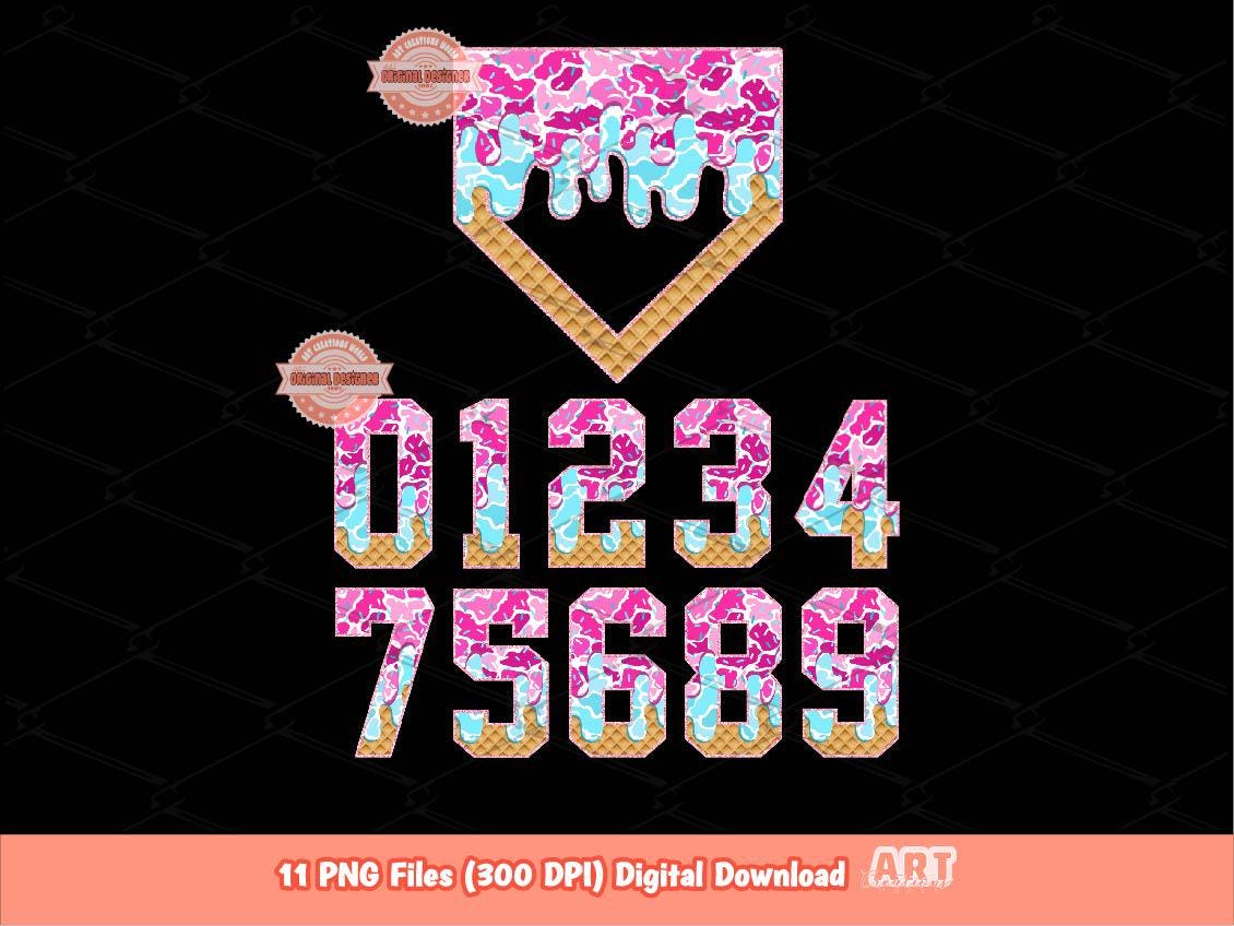 Camo Sprinkle Drip Numbers & Home Plate PNG Bundle, Pink and Blue Trendy Baseball ice cream Dripping Clipart Png Sublimation, Dtf Download