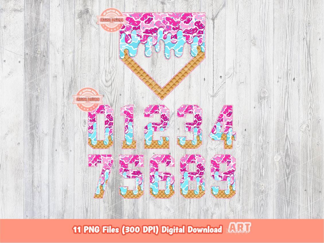 Camo Sprinkle Drip Numbers & Home Plate PNG Bundle, Pink and Blue Trendy Baseball ice cream Dripping Clipart Png Sublimation, Dtf Download