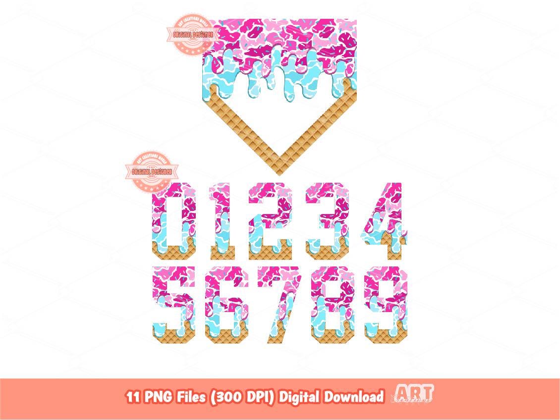 Camo Sprinkle Drip Numbers and Home Plate PNG Bundle, Pink & Blue Trendy Baseball ice cream Dripping Clipart Png Sublimation, Dtf Download