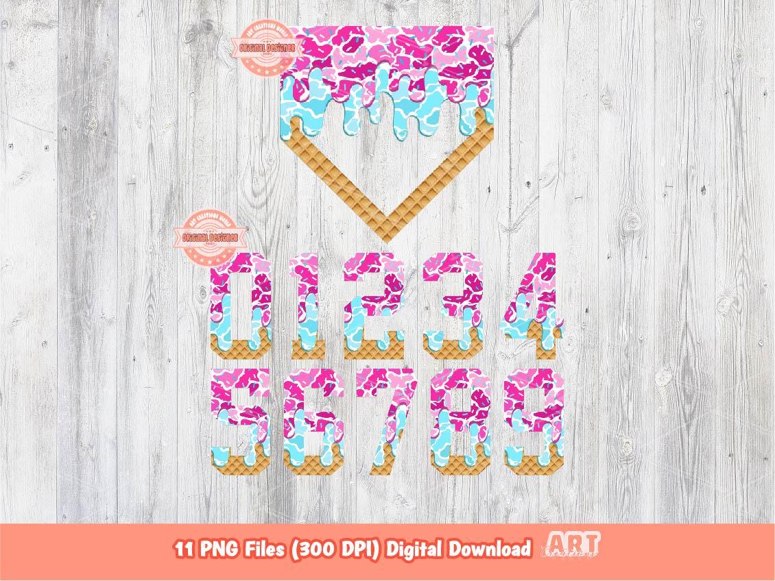 Camo Sprinkle Drip Numbers and Home Plate PNG Bundle, Pink & Blue Trendy Baseball ice cream Dripping Clipart Png Sublimation, Dtf Download