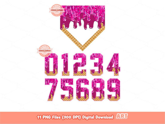 Pink Bottomland Camo Sprinkle Drip Numbers and Home Plate PNG Bundle, Sweet Baseball ice cream Dripping Clipart Png Sublimation Dtf Download