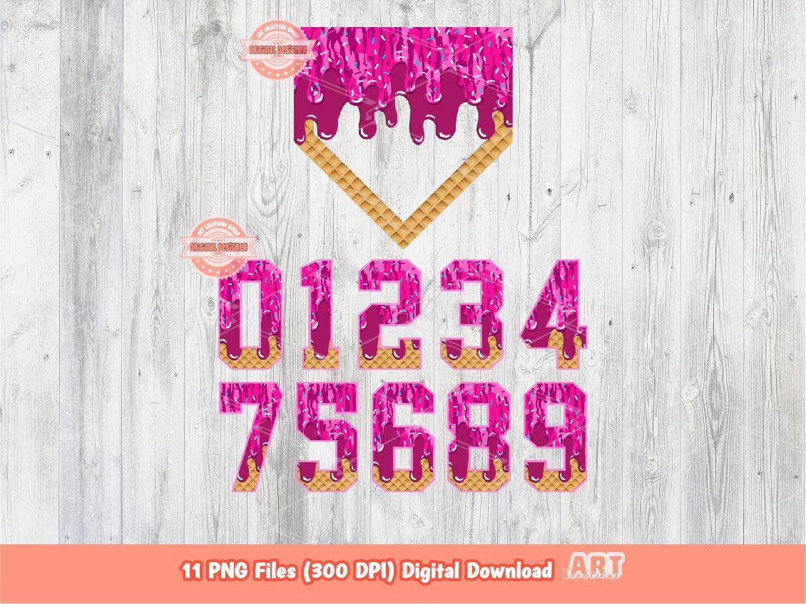 Pink Bottomland Camo Sprinkle Drip Numbers and Home Plate PNG Bundle, Sweet Baseball ice cream Dripping Clipart Png Sublimation Dtf Download