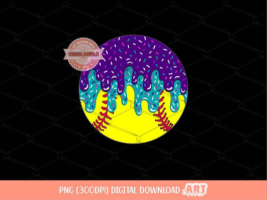 Sprinkle Drip Softball Ball PNG, Purple and Teal Blue Drippy Ice Cream Sport ball Clipart Sublimation dtf Shirt Design Digital Download