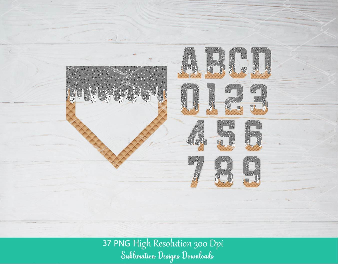 Grey Sprinkle Drip Home Plate Alphabet Set PNG Bundle, Gray and White Drippy Ice cream Cone Waffle Trendy Sport Alpha Letters & Number 0-9