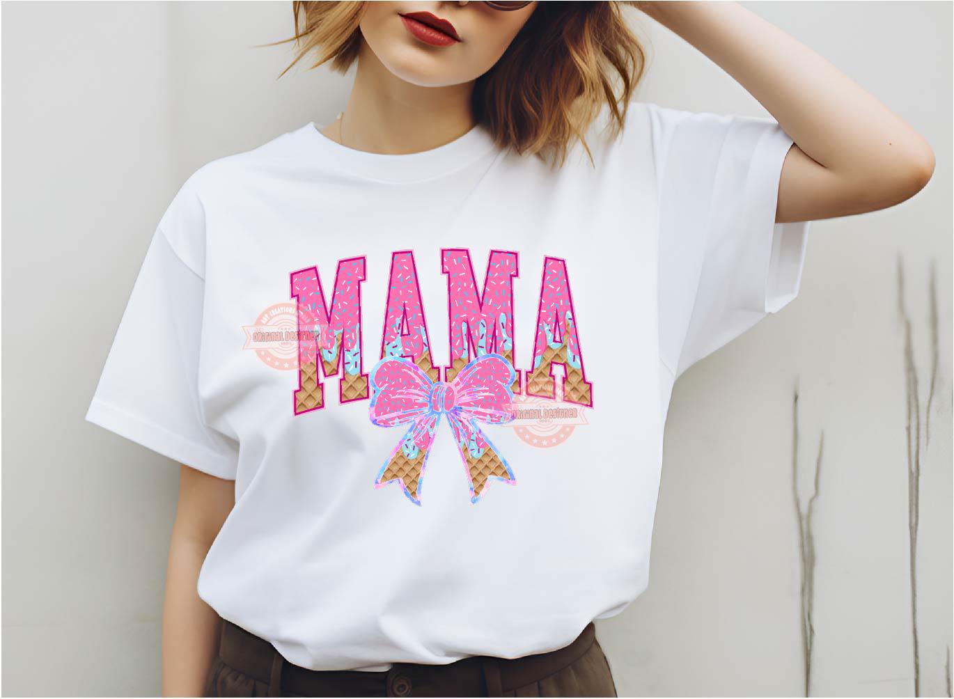 Drip Ice Cream Mama PNG, Coquette Mom Shirt Design, Sprinkle Drippy Waffle Cone Bow Png for Sublimation & dtf Design Digital Download