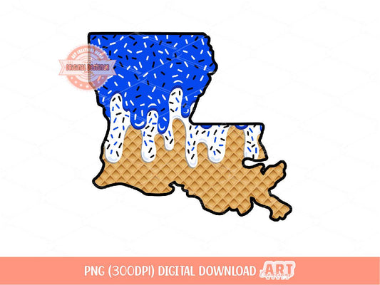 Royal Blue White Sprinkle Drip Louisiana PNG, Custom Drippy Ice Cream US State Waffle Cone Sublimation, dtf, Shirt Design Digital Download