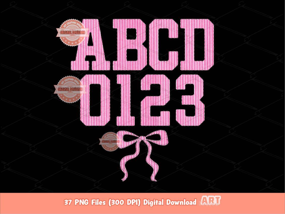 Seersucker Varsity Alphabet PNG, Preppy Pink Striped Sport letters, numbers 0-9 Clipart, Trendy Grand millennial Alpha Set Digital Download