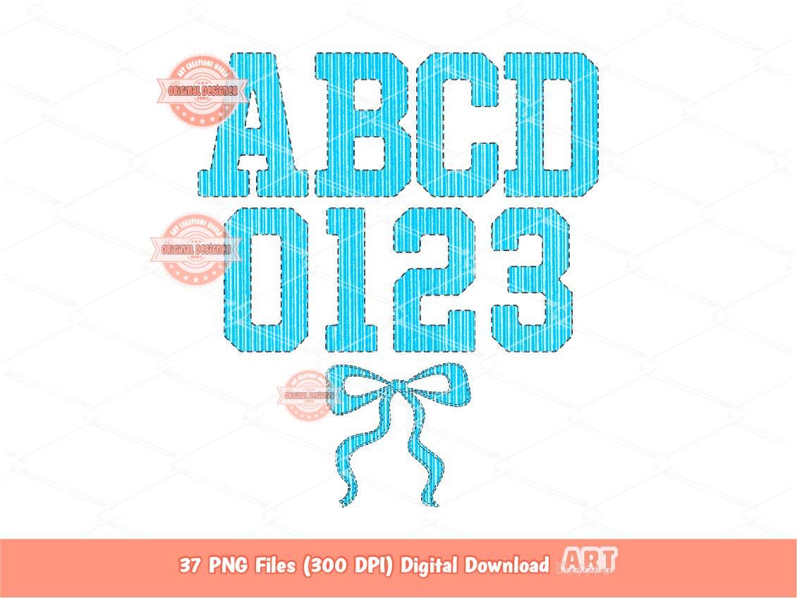 Seersucker Varsity Alphabet PNG, Preppy Blue Striped Sport letters, numbers 0-9 Clipart, Trendy Grand millennial Alpha Set Digital Download