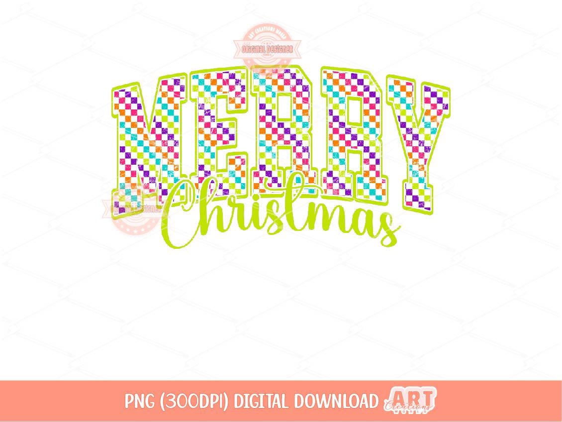 Merry Christmas Bright Checkered PNG, Neon colors Xmas arch varsity Png trendy holiday shirt design Sublimation & DTF Digital download