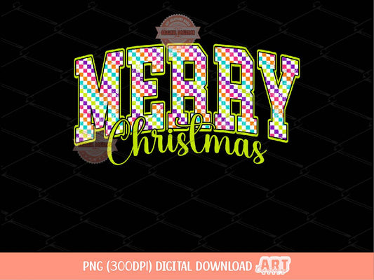 Merry Christmas Bright Checkered PNG, Neon colors Xmas arch varsity Png trendy holiday shirt design Sublimation & DTF Digital download