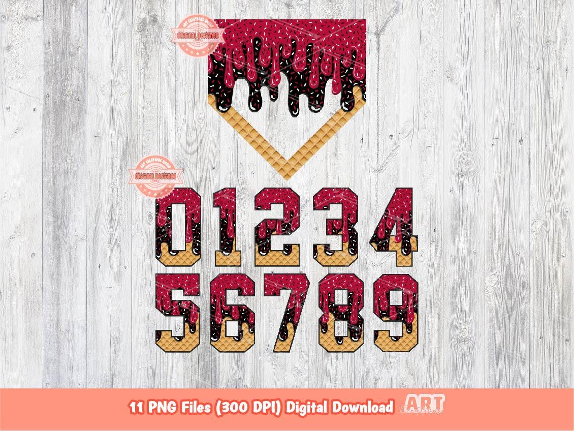 Sprinkle Drip Numbers & Home Plate PNG Bundle, Red and Black Baseball ice cream Dripping Clipart Png for Sublimation, Dtf Digital Download