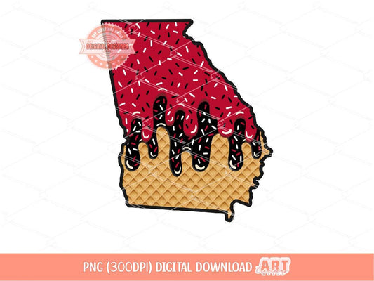 Sprinkle Drip Georgia PNG, Custom Drippy Ice Cream US State Map Waffle Cone Png for Sublimation & dtf Shirt Design Digital Download