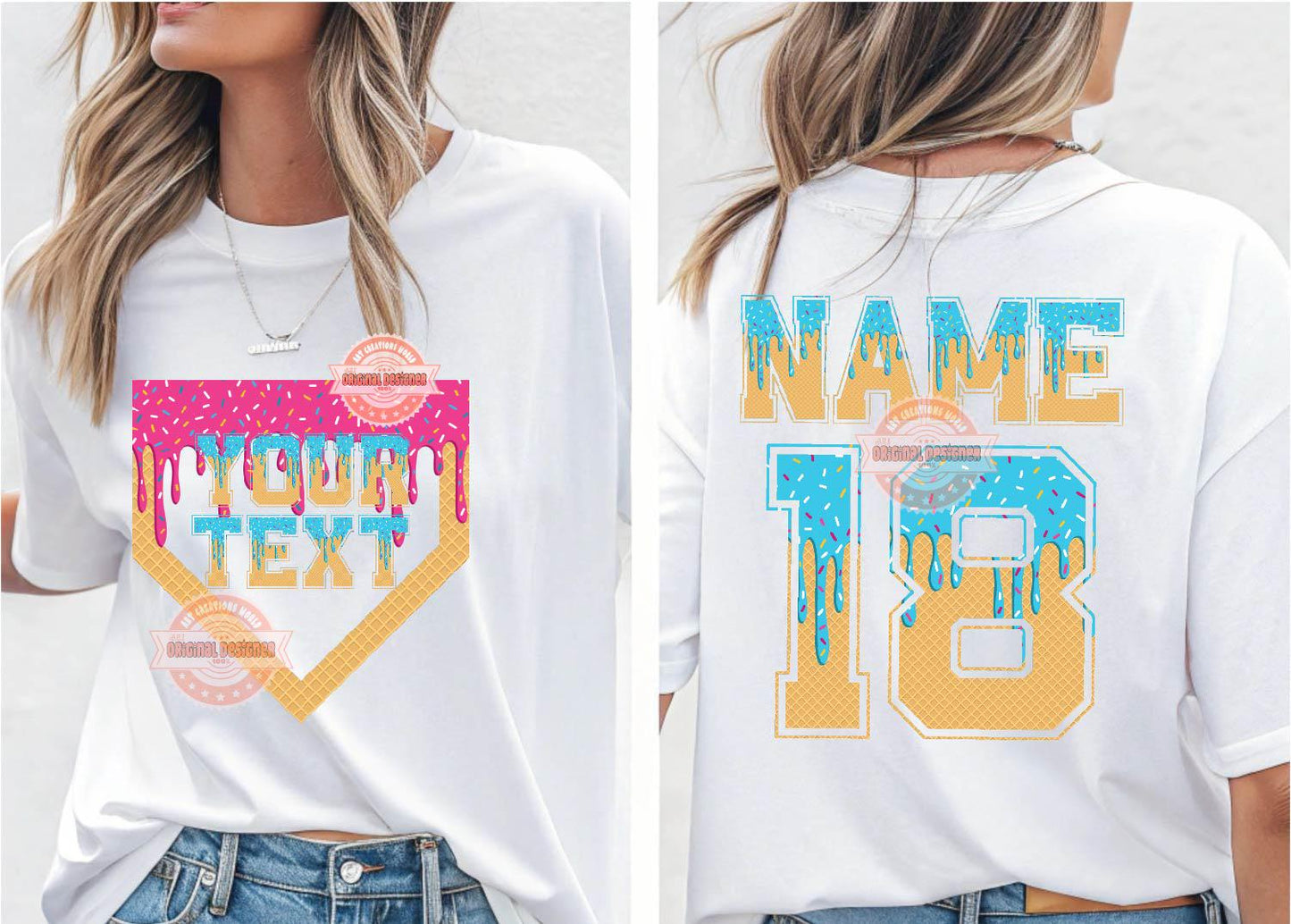 Sprinkle Drip Varsity Alphabet PNG, Drippy Pink & Blue Ice Cream Sports letters, numbers 0-9 Clipart, Waffle Cone Alpha Set and Home Plate