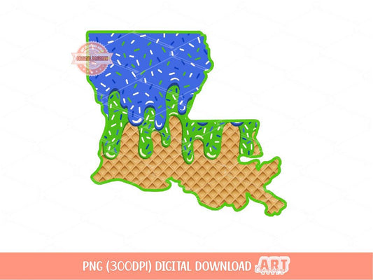 Blue Green Sprinkle Drip Louisiana PNG, Custom Drippy Ice Cream US State Waffle Cone Png for Sublimation & dtf Shirt Design Digital Download
