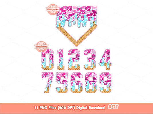 Camo Sprinkle Drip Numbers & Home Plate PNG Bundle, Pink and Blue Trendy Baseball ice cream Dripping Clipart Png Sublimation, Dtf Download