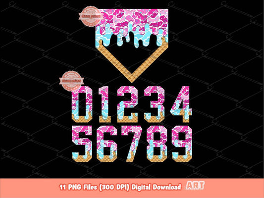 Camo Sprinkle Drip Numbers and Home Plate PNG Bundle, Pink & Blue Trendy Baseball ice cream Dripping Clipart Png Sublimation, Dtf Download