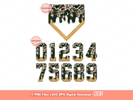 Old Camo Sprinkle Drip Numbers and Home Plate PNG Bundle, Retro Camouflage Baseball ice cream Dripping Clipart Png Sublimation, Dtf Download