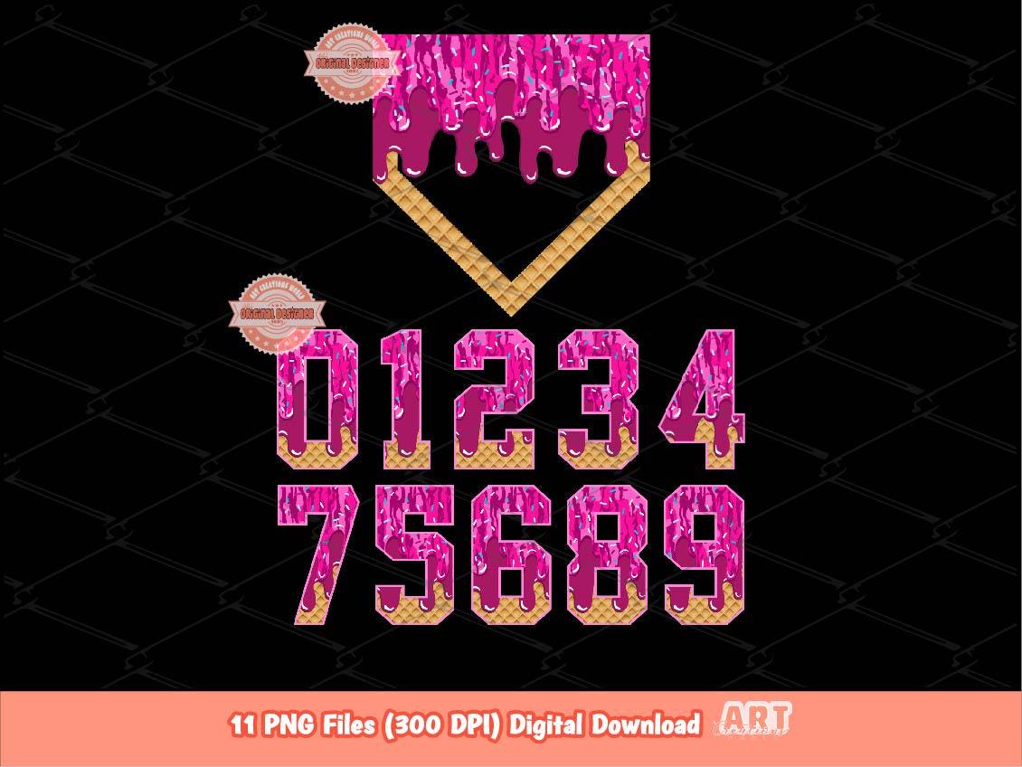Pink Bottomland Camo Sprinkle Drip Numbers and Home Plate PNG Bundle, Sweet Baseball ice cream Dripping Clipart Png Sublimation Dtf Download