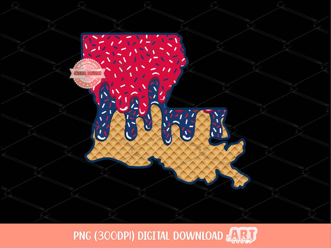 Red Navy Sprinkle Drip Louisiana PNG, Custom Drippy Ice Cream US State Waffle Cone Png for Sublimation & dtf Shirt Design Digital Download