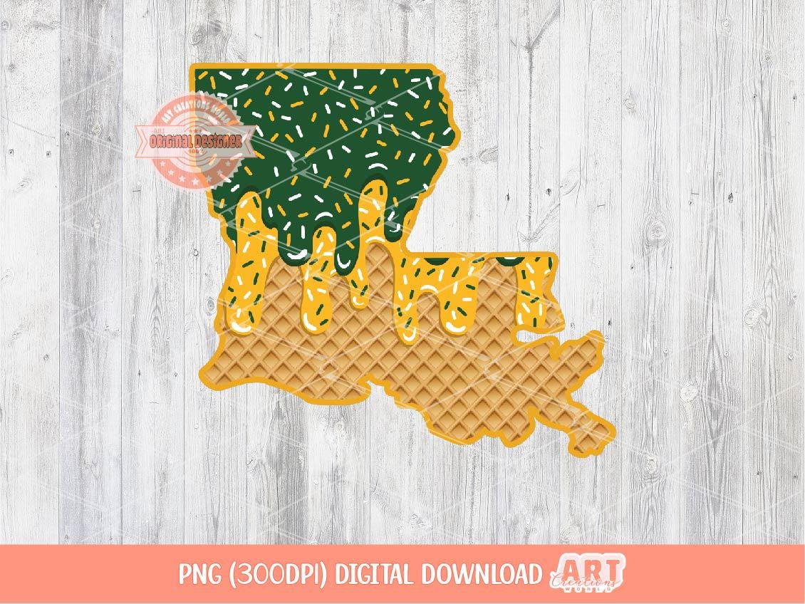 Green Gold Sprinkle Drip Louisiana PNG, Custom Drippy Ice Cream US State Waffle Cone Png for Sublimation & dtf Shirt Design Digital Download