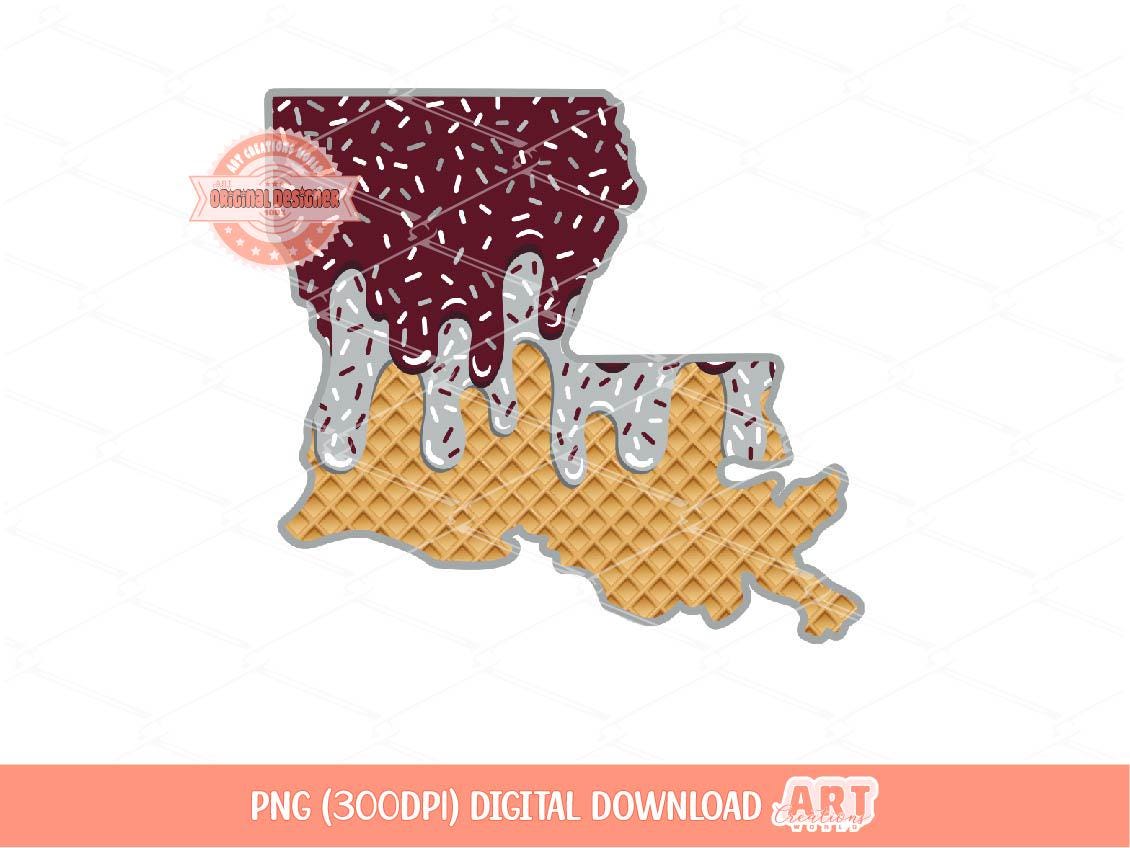 Maroon Grey Sprinkle Drip Louisiana PNG, Custom Drippy Ice Cream US State Waffle Cone Png for Sublimation, dtf Shirt Design Digital Download