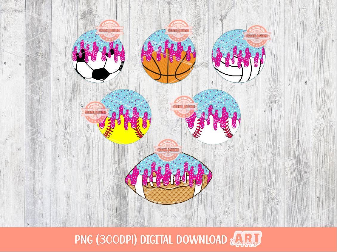 Sprinkle Drip Sports Balls PNG Bundle, Baseball Softball Basketball Volleyball Football Soccer Ball PNG Sublimation Clipart Digital Download