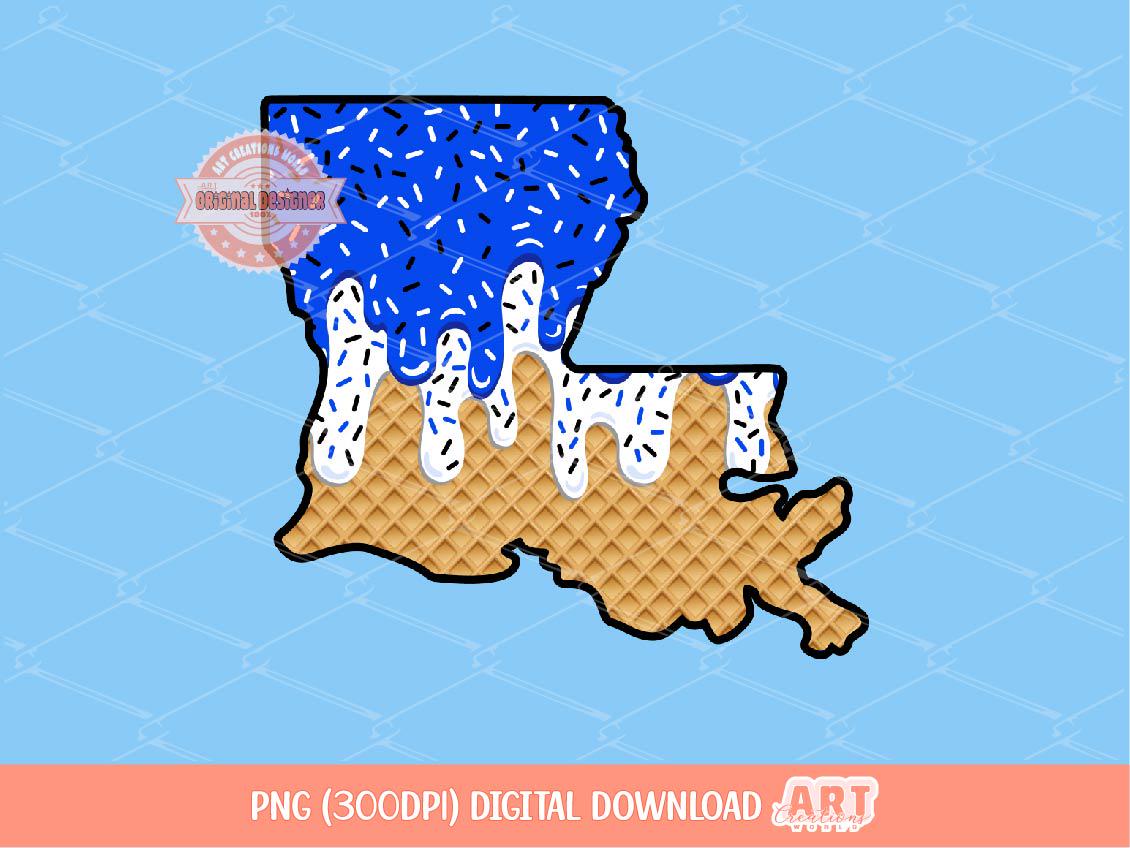 Royal Blue White Sprinkle Drip Louisiana PNG, Custom Drippy Ice Cream US State Waffle Cone Sublimation, dtf, Shirt Design Digital Download