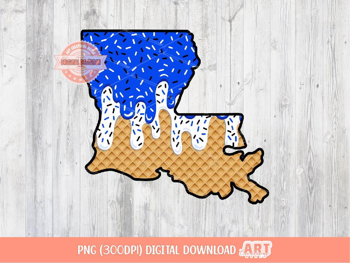 Royal Blue White Sprinkle Drip Louisiana PNG, Custom Drippy Ice Cream US State Waffle Cone Sublimation, dtf, Shirt Design Digital Download