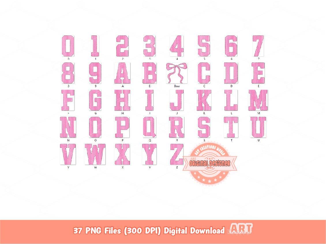 Seersucker Varsity Alphabet PNG, Preppy Pink Striped Sport letters, numbers 0-9 Clipart, Trendy Grand millennial Alpha Set Digital Download