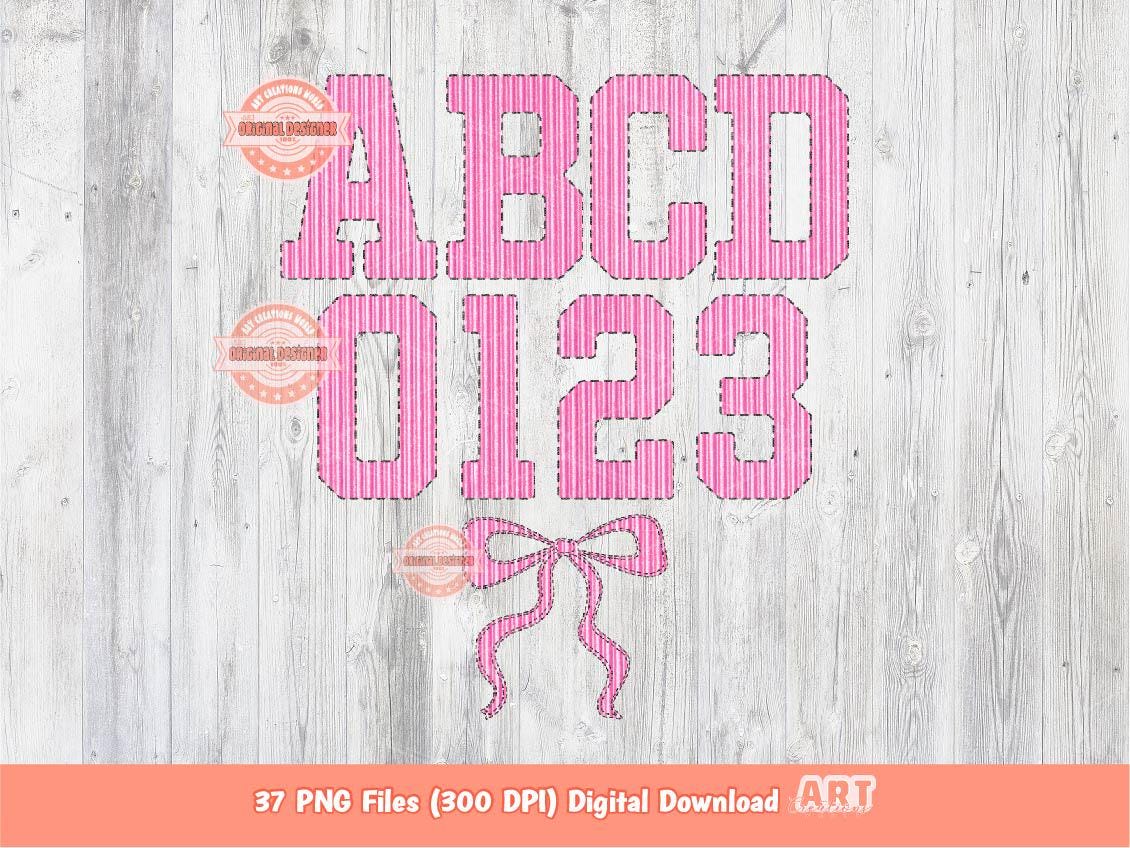 Seersucker Varsity Alphabet PNG, Preppy Pink Striped Sport letters, numbers 0-9 Clipart, Trendy Grand millennial Alpha Set Digital Download