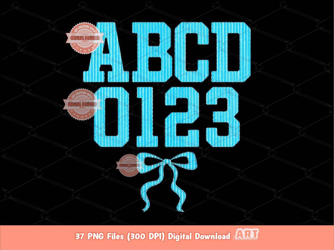 Seersucker Varsity Alphabet PNG, Preppy Blue Striped Sport letters, numbers 0-9 Clipart, Trendy Grand millennial Alpha Set Digital Download
