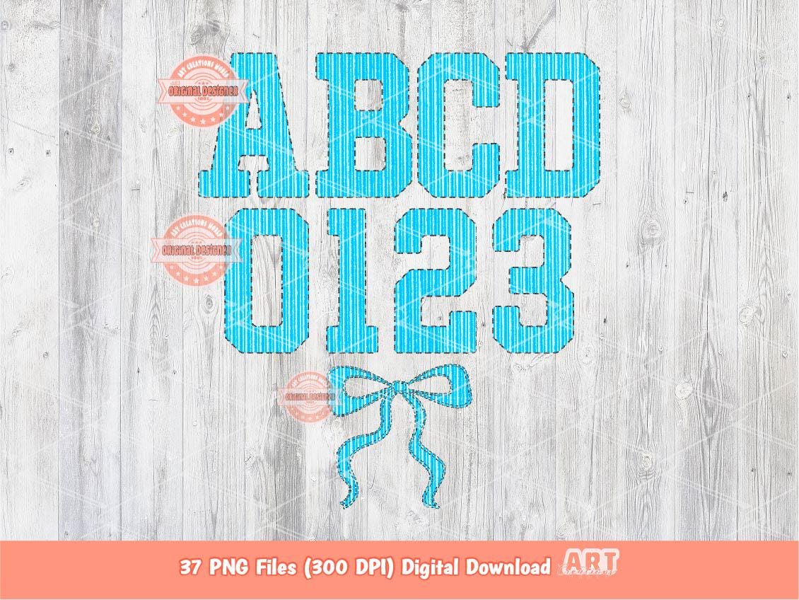 Seersucker Varsity Alphabet PNG, Preppy Blue Striped Sport letters, numbers 0-9 Clipart, Trendy Grand millennial Alpha Set Digital Download
