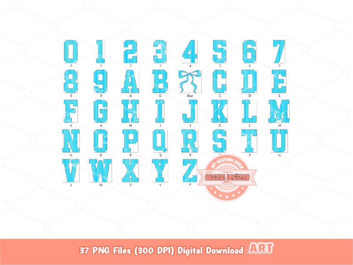 Seersucker Varsity Alphabet PNG, Preppy Blue Striped Sport letters, numbers 0-9 Clipart, Trendy Grand millennial Alpha Set Digital Download