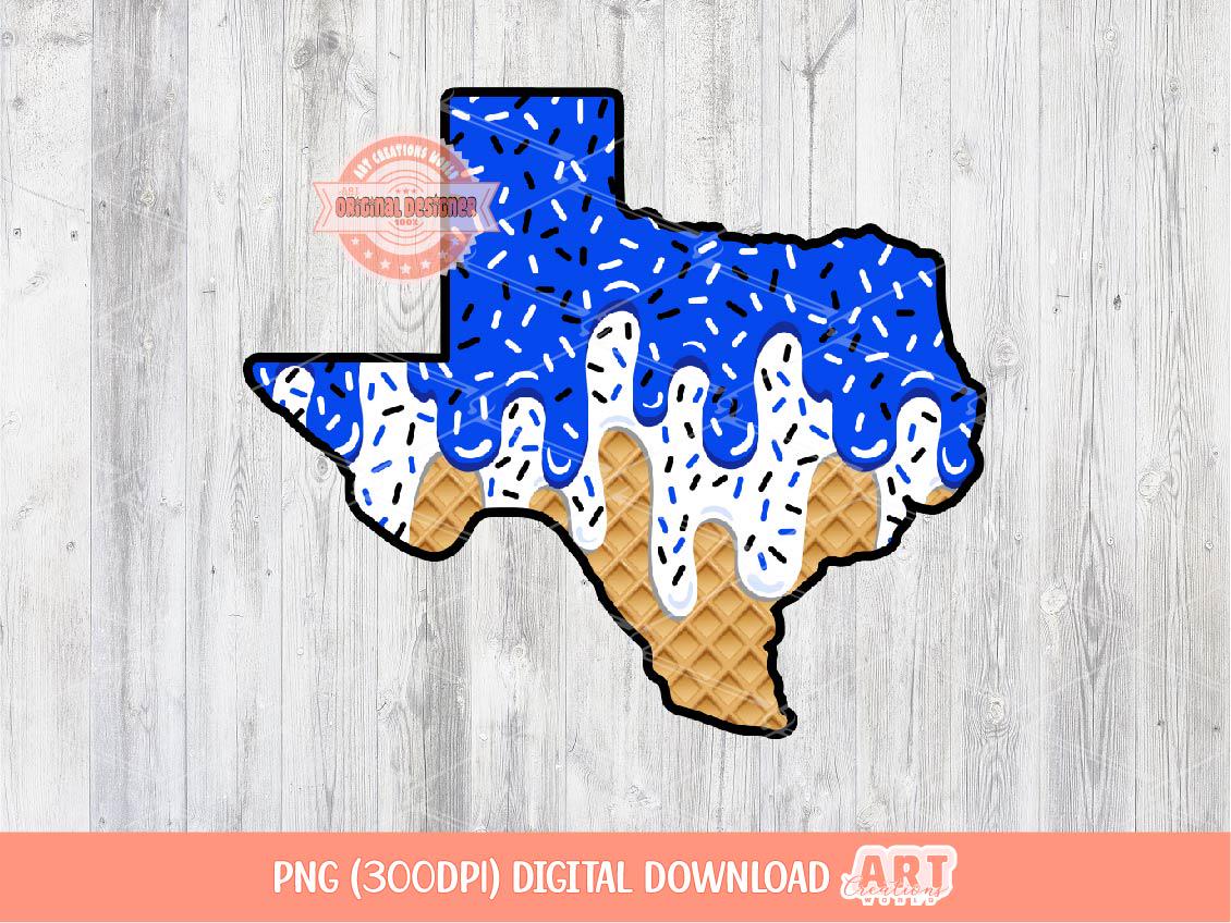 Royal Blue White Sprinkle Drip Texas PNG, Custom Drippy Ice Cream US State Waffle Cone Png Sublimation, dtf, Shirt Design Digital Download