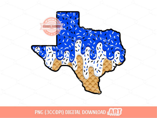 Royal Blue White Sprinkle Drip Texas PNG, Custom Drippy Ice Cream US State Waffle Cone Png Sublimation, dtf, Shirt Design Digital Download