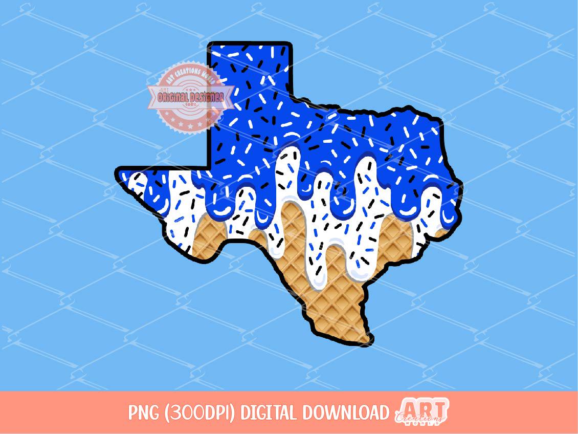 Royal Blue White Sprinkle Drip Texas PNG, Custom Drippy Ice Cream US State Waffle Cone Png Sublimation, dtf, Shirt Design Digital Download