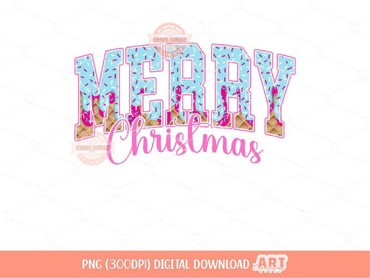 Merry Christmas Sprinkle Drip PNG Pink Blue Drippy Ice Cream Christmas shirt design trendy waffle cone Sublimation & DTF Digital download