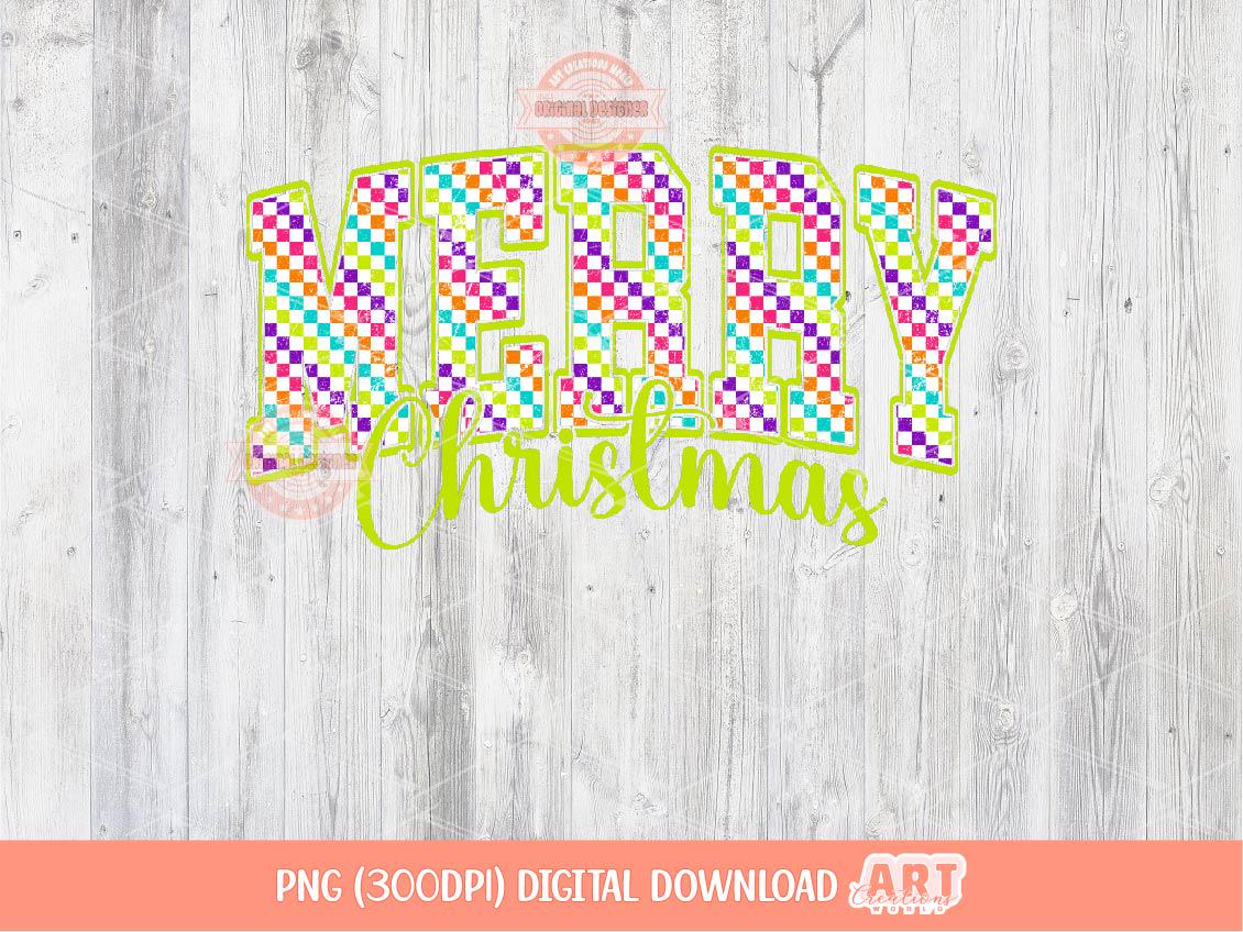 Merry Christmas Bright Checkered PNG, Neon colors Xmas arch varsity Png trendy holiday shirt design Sublimation & DTF Digital download