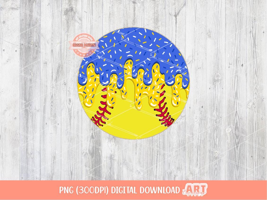 Blue Gold Sprinkle Drip Softball Ball PNG, Custom Drippy Ice Cream Sports Balls Png for Sublimation & dtf Shirt Design Digital Download
