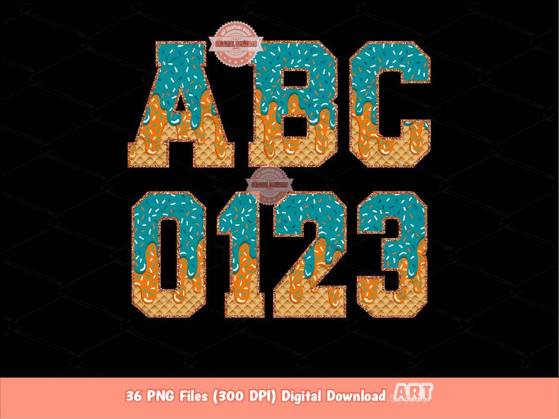 Orange Teal Drip Varsity Alphabet PNG, Drippy Sprinkle Ice Cream Sports letters, numbers 0-9 Clipart, Waffle Cone Alpha Set Digital Download