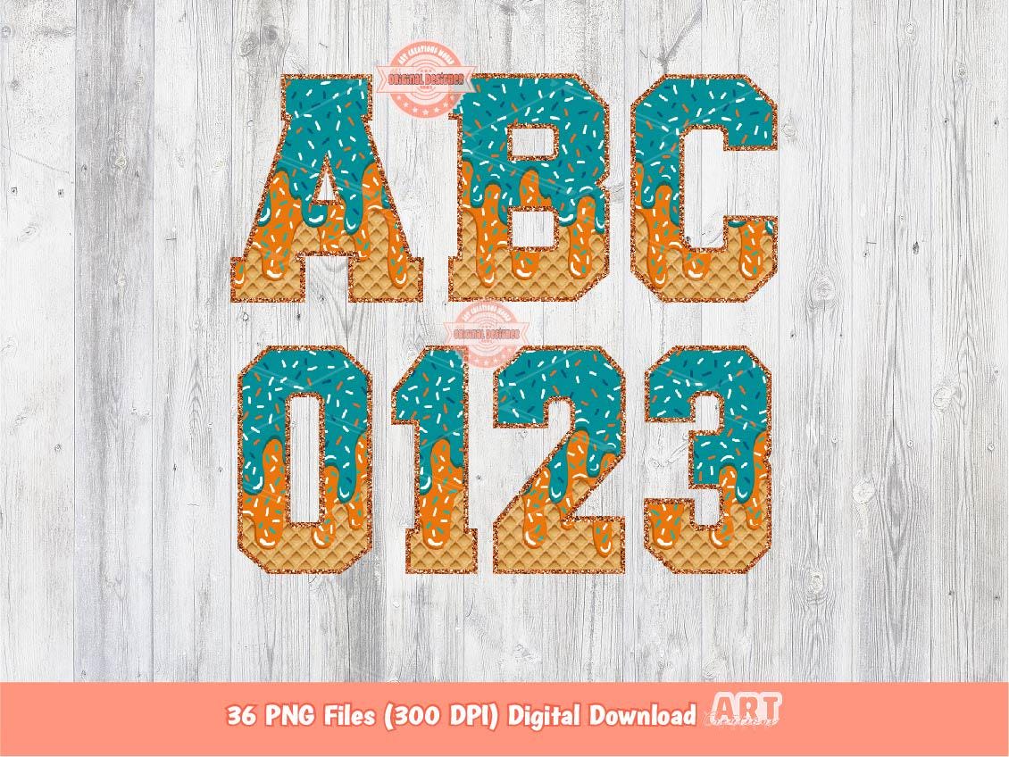 Orange Teal Drip Varsity Alphabet PNG, Drippy Sprinkle Ice Cream Sports letters, numbers 0-9 Clipart, Waffle Cone Alpha Set Digital Download