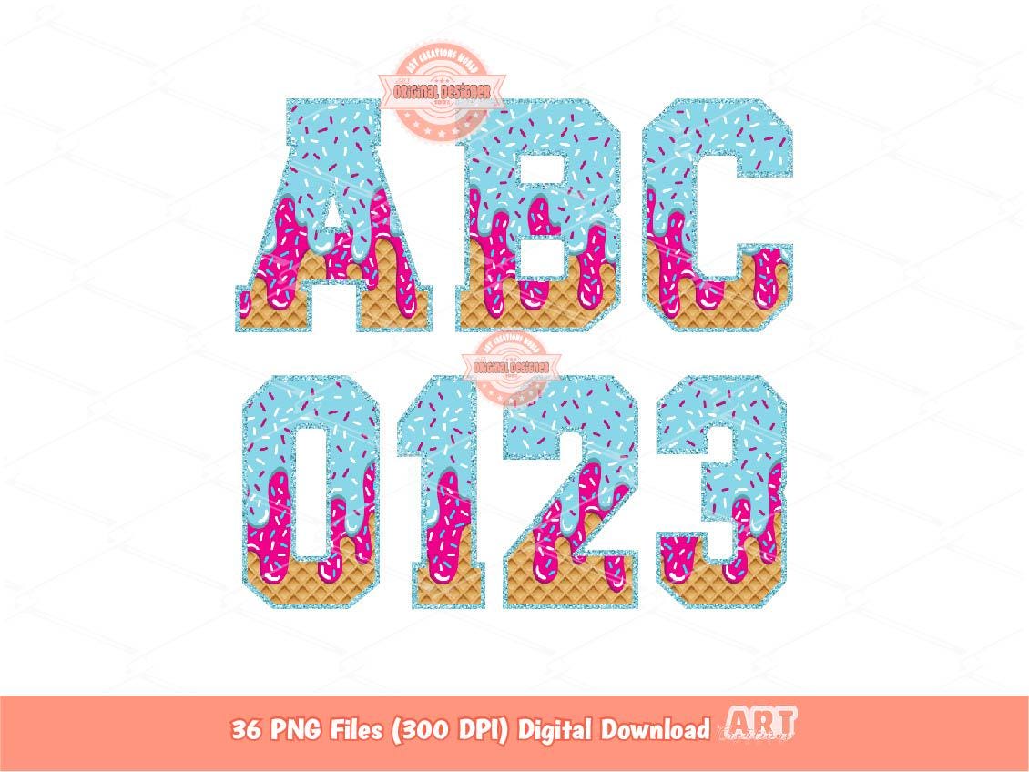 Pink Blue Drip Varsity Alphabet PNG, Trendy Drippy Ice Cream Sports letters and numbers 0-9 Clipart, Waffle Cone Alpha Set Digital Download