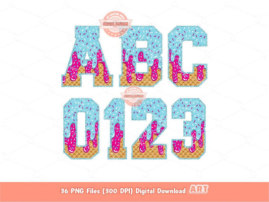 Pink Blue Drip Varsity Alphabet PNG, Trendy Drippy Ice Cream Sports letters and numbers 0-9 Clipart, Waffle Cone Alpha Set Digital Download