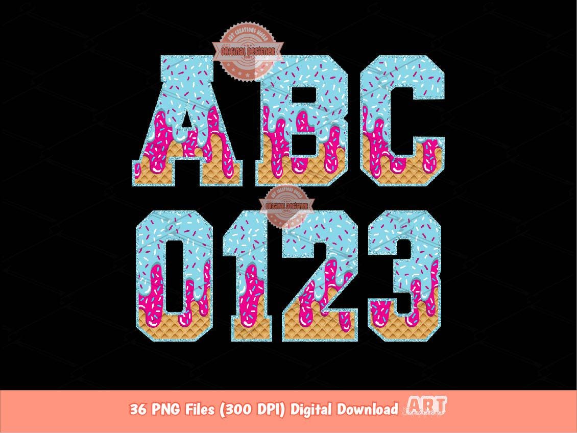 Pink Blue Drip Varsity Alphabet PNG, Trendy Drippy Ice Cream Sports letters and numbers 0-9 Clipart, Waffle Cone Alpha Set Digital Download