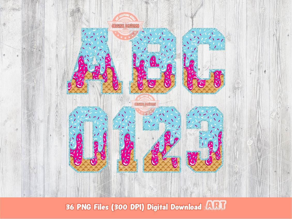Pink Blue Drip Varsity Alphabet PNG, Trendy Drippy Ice Cream Sports letters and numbers 0-9 Clipart, Waffle Cone Alpha Set Digital Download