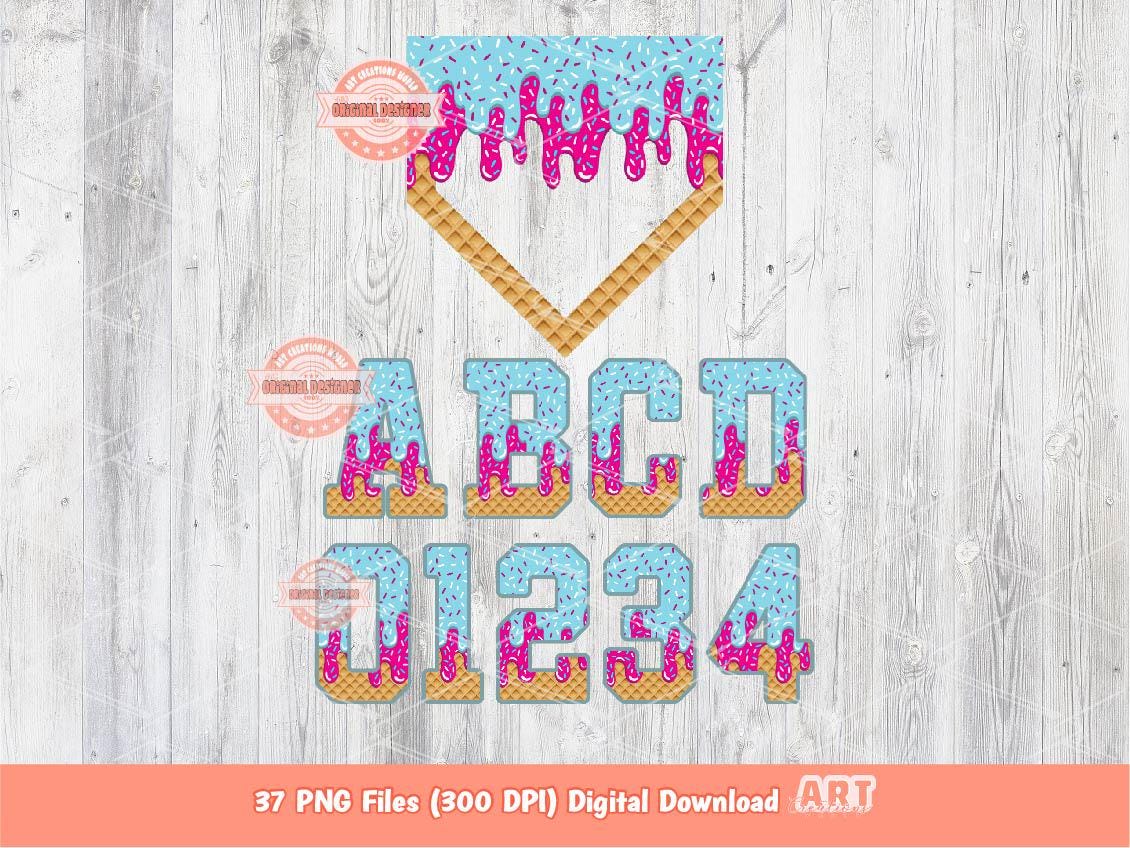 Pink Blue Drip Alphabet Home Plate PNG Bundle, Trendy Drippy Sprinkle Ice Cream Sports letters & numbers 0-9 Clipart Waffle Cone Alpha Set