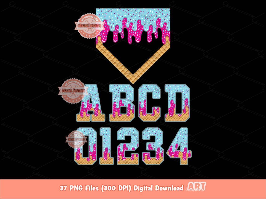 Pink Blue Drip Alphabet Home Plate PNG Bundle, Trendy Drippy Sprinkle Ice Cream Sports letters & numbers 0-9 Clipart Waffle Cone Alpha Set