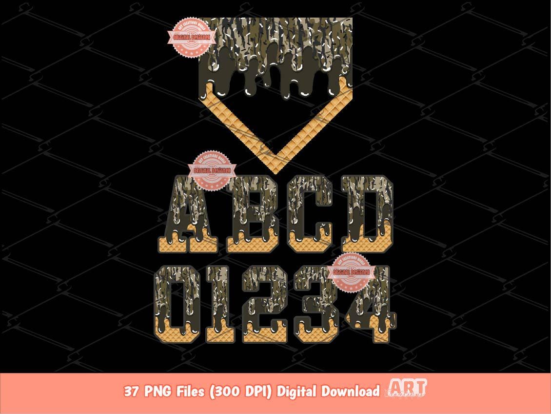Bottomland Camo Drip Alphabet and Home Plate PNG Bundle, Hunting Ice Cream Boys Sports letters & numbers 0-9 Clipart Waffle Cone Alpha Set