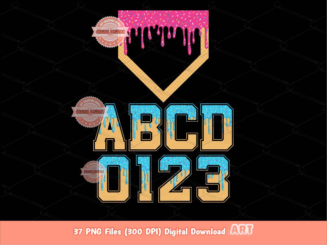 Sprinkle Drip Varsity Alphabet PNG, Drippy Pink & Blue Ice Cream Sports letters, numbers 0-9 Clipart, Waffle Cone Alpha Set and Home Plate